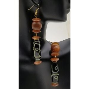 Tribal African Trade Beads, Horn Beads, 4 " Earrings Estate 1970s, Vintage E111